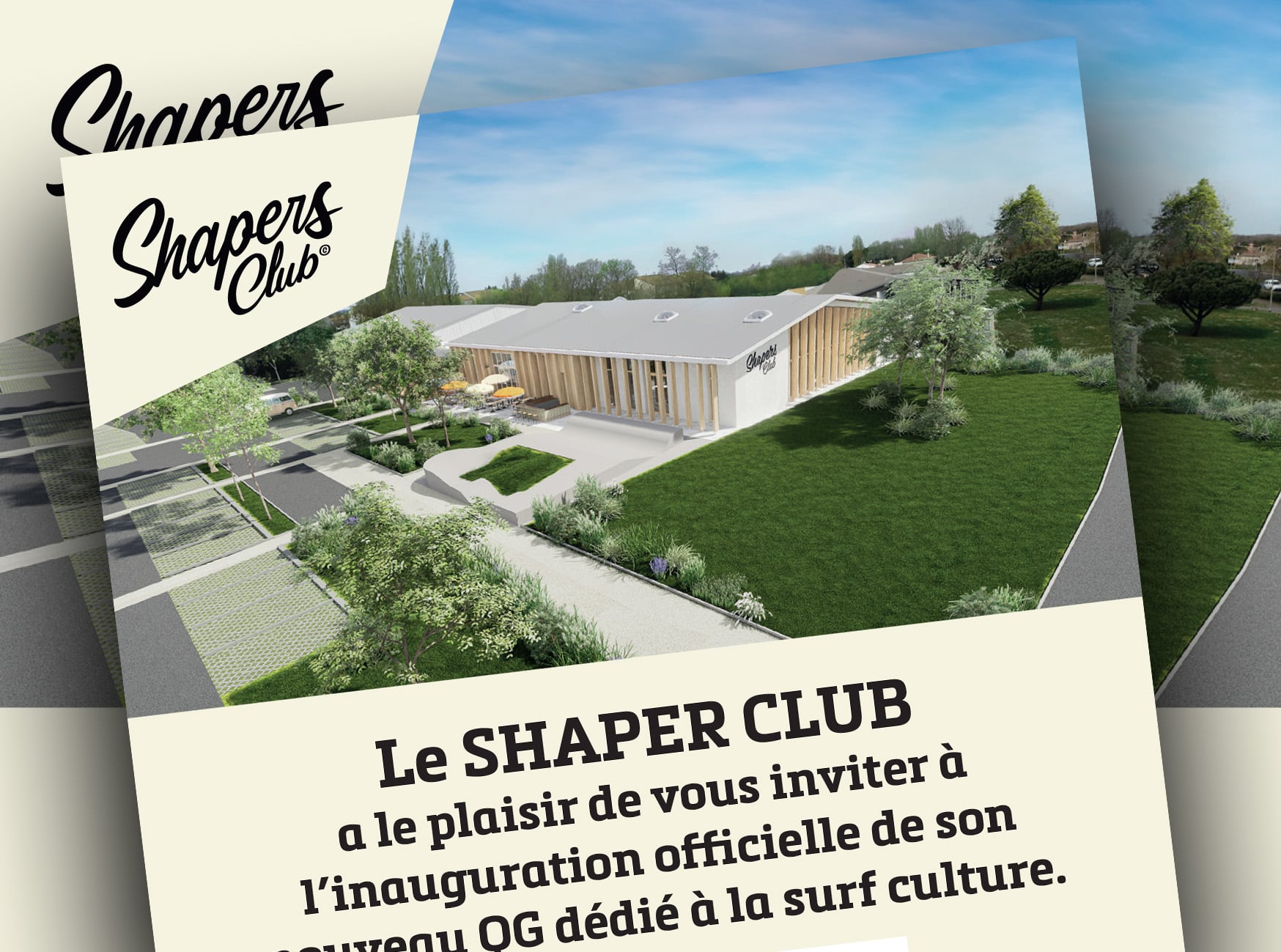 shapers-club- An invitation brochure for the Shapers Club. It showcases an aerial view of a modern building with a sleek design, surrounded by greenery. The text at the bottom invites people to the official inauguration of their new facility dedicated to surf culture. -surf