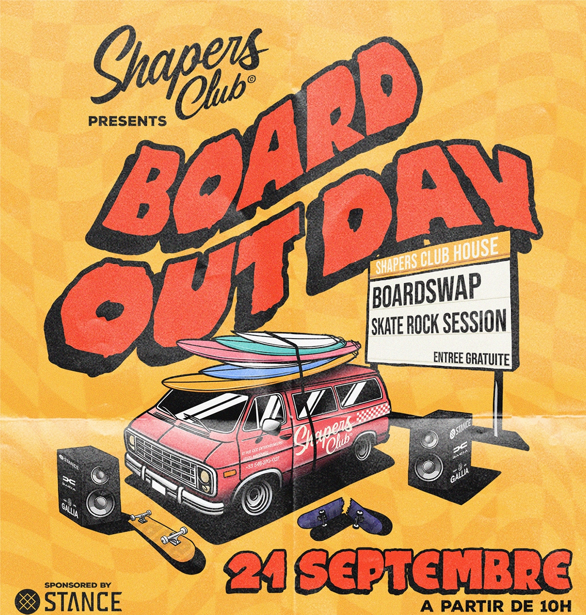 shapers-club- Advertisement poster for "Shapers Club Presents Board Out Day" event on 21st September starting at 10 AM. The poster features a van with surfing boards and skateboards, and promotes a board swap, skate rock session, and free entry. Sponsored by Stance. -surf