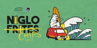 shapers-club- Illustration of a cartoon hedgehog surfing on a red van above the ocean waves, by Aurel. The background is green with the text "Niglo Chips Vol. 2" and sponsor logos above, recalling a scene lost in the train of fantasy imagination. -surf  