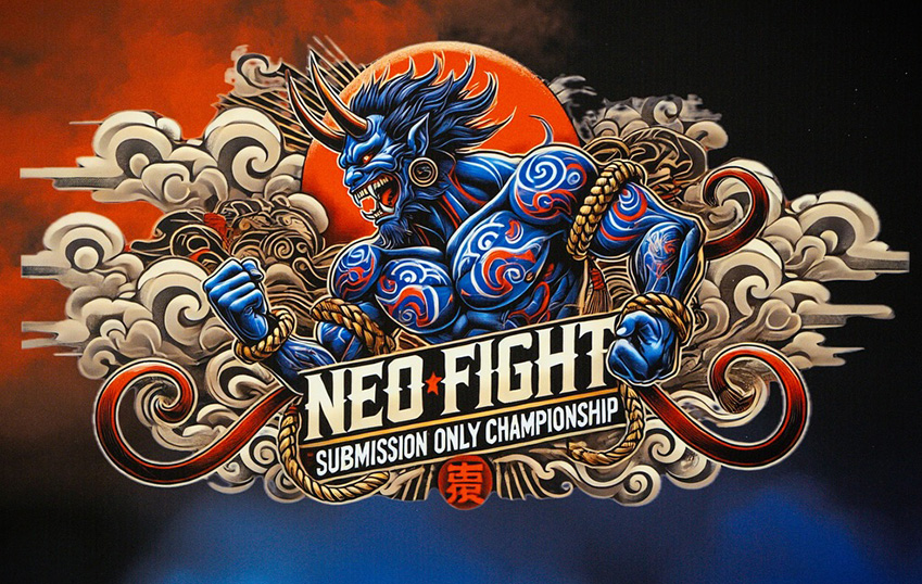 shapers-club- Illustration d'un démon musclé à la peau bleue, muni de cornes et de crocs, entouré de nuages et de cordes. « NEOFIGHT SUBMISSION ONLY CHAMPIONSHIP » marque la grande finale, sur fond de soleil rouge – œuvre exclusive pour Shapers Club. -surf