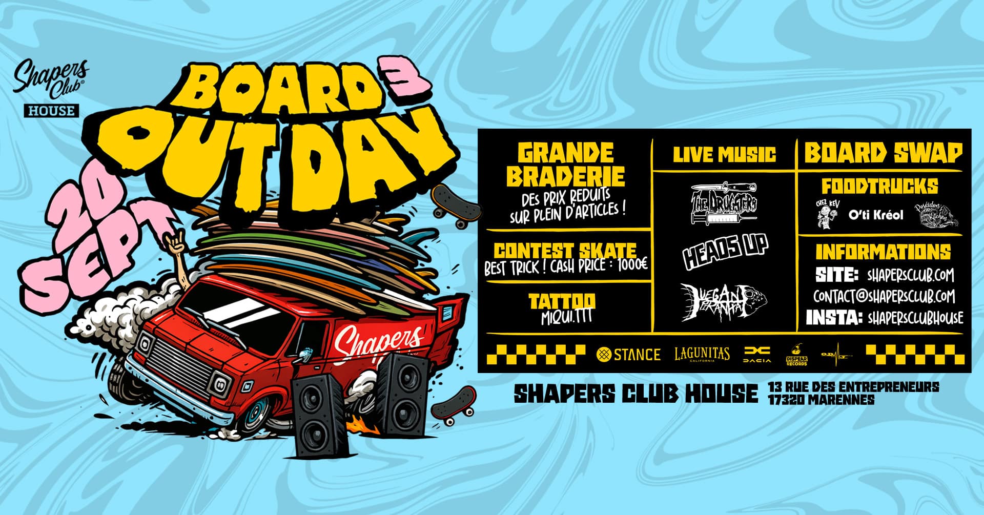 shapers-club- Affiche colorée pour le "Board Out Day" qui aura lieu le 20 septembre au Shapers Club House. Le design de style Brouillon présente une camionnette chargée de planches de surf, de notes de musique et de détails sur l'événement tels que des concerts, un échange de planches, des camions de nourriture et un stand de tatouage. -surf