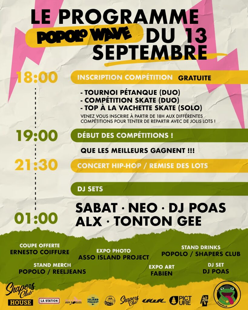 shapers-club- Affiche colorée de l'événement "Popolo Wave" du 13 septembre. Au programme : concours de pétanque et de patinage, concert de hip-hop, prix et DJ sets de Sabat, Neo, DJ Poas, Alox et Tonton Gee. Plusieurs sponsors sont répertoriés. -surf