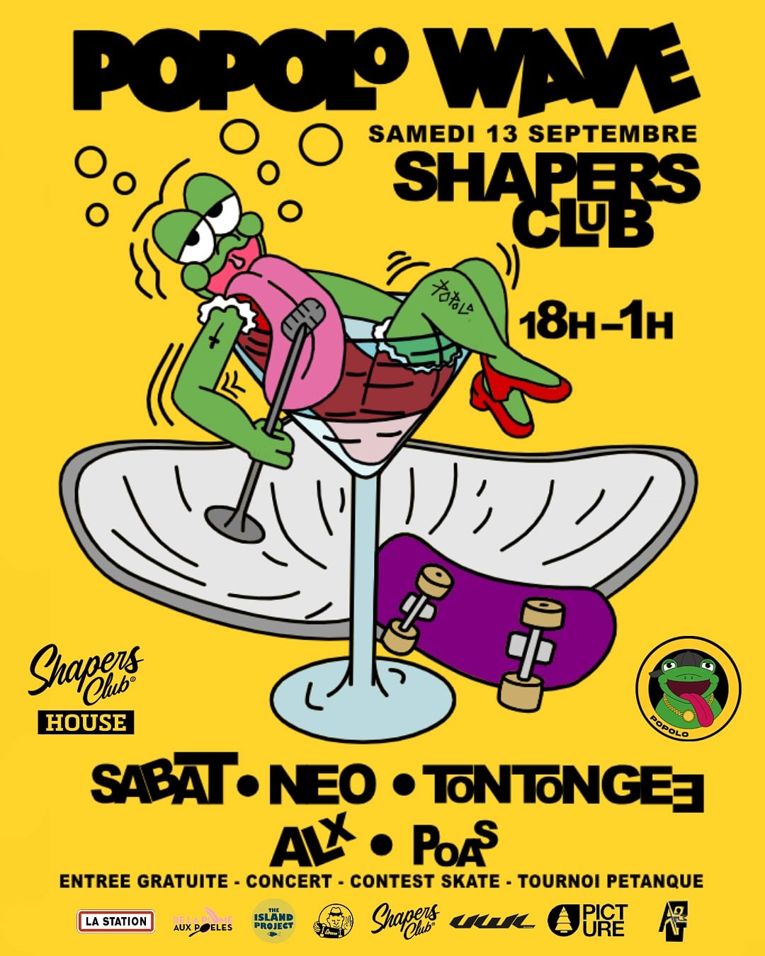 shapers-club- Affiche pour "Popolo Wave" au Shapers Club : une grenouille de dessin animé avec un Brouillon auto style se prélasse dans un verre à martini. Rejoignez-nous le samedi 13 septembre, de 18h à 1h du matin, avec les DJ Sabat, Neo, Tontongee, ALX et Poas. -surf