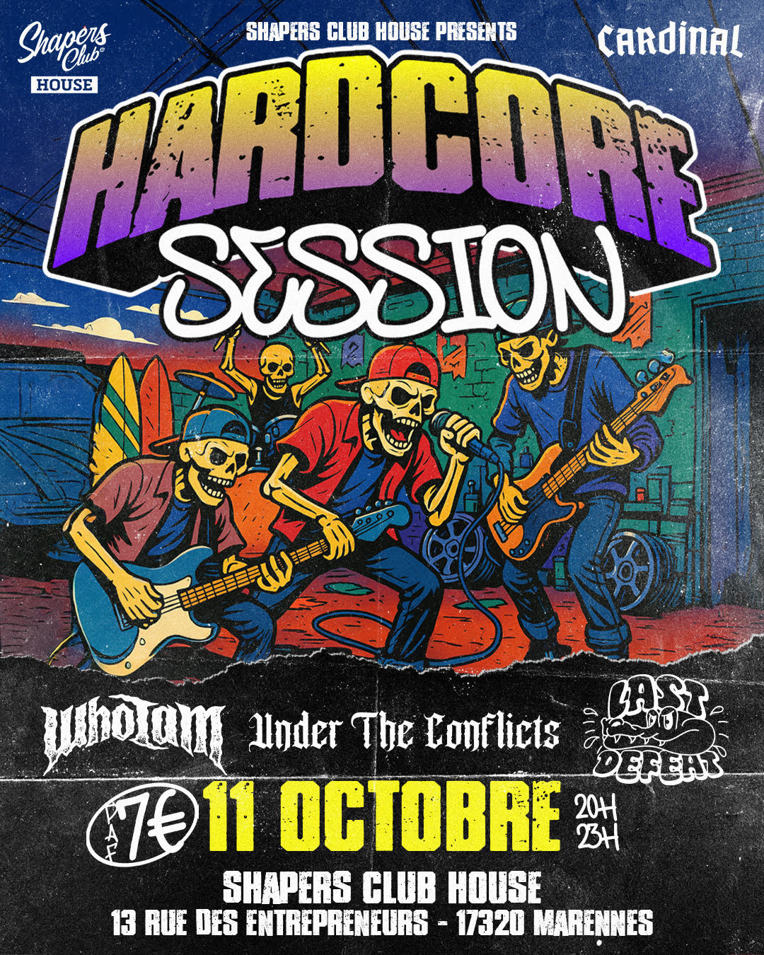 shapers-club- Affiche pour l'événement musical HARDCORE SESSION au Shapers Club House, Marennes. Des squelettes illustrés se déchaînent sur scène. Rejoignez-nous pour des concerts épiques le 11 octobre, de 20h à 23h, avec des groupes de premier plan et une énergie inoubliable !. -surf