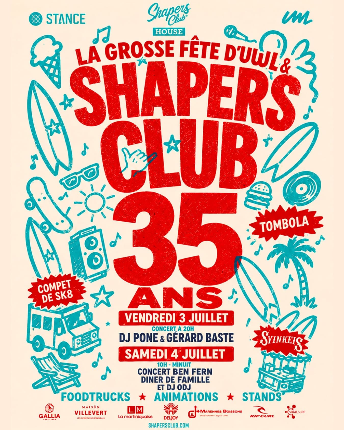 shapers-club- Affiche colorée pour « La Grosse Fête d’UWL & SHAPERS CLUB 35 ans », présentant les dates de l’événement (3 et 4 juillet), les concerts, la tombola, les food trucks, les animations, la compétition de skateboard et des illustrations festives. -surf